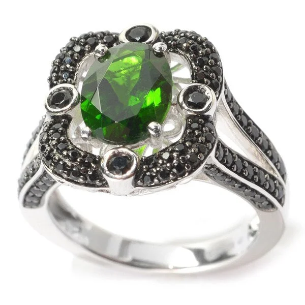 Women’s men’s ring for women-Sterling Silver Oval Chrome Diopside Black Spinel Ring