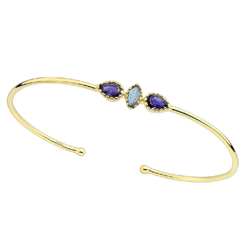 Women’s men’s style cuff bracelets-Sterling Silver & Gold Plated Purple Teardrop & Labradorite Cuff Bracelet