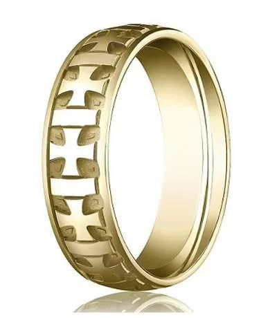 Women’s unique engagement rings-Men's 10K Yellow Gold Wedding Ring With Carved Crosses | 6mm