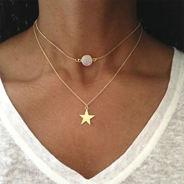 Women’s crystal pendant necklaces-Fashion Two-layer Pendant Necklace Creative Five-pointed Star Frosted Gemstone Multi-layer Necklace Women