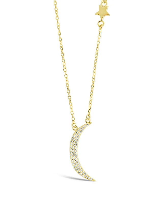 Women’s sapphire necklaces-Sterling Silver CZ Moon with Star Charm Necklace