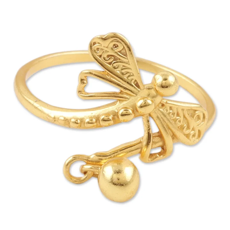 Women’s stackable wedding rings-Novica Handmade Dragonfly Realm Gold-Plated Cocktail Ring