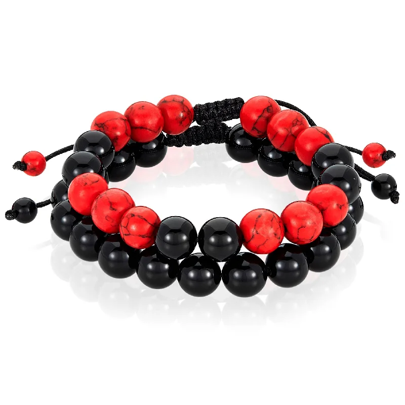 Women’s bangles sets-Men's Red Turquoise and Onyx Stone Adjustable Bracelet Set