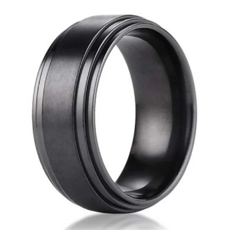 Women’s white gold engagement rings-8mm Benchmark Black Titanium Men's Wedding Ring with Step-Down Edges