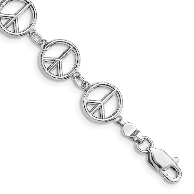 Women’s antique bracelets-Curata 14k White Gold 3 d Peace Symbol Bracelet High Polish 7.5 Inch