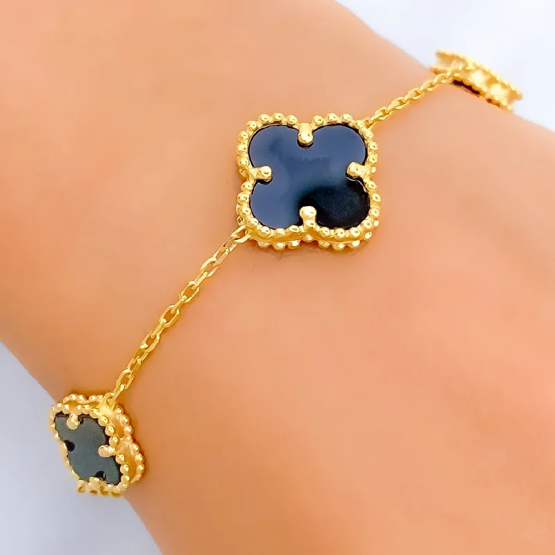 Women’s antique bracelets-Majestic Black Onyx 21k Gold Clover Bracelet