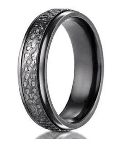 Women’s black diamond engagement rings-7mm Men's Benchmark Black Titanium Hammered Wedding Ring