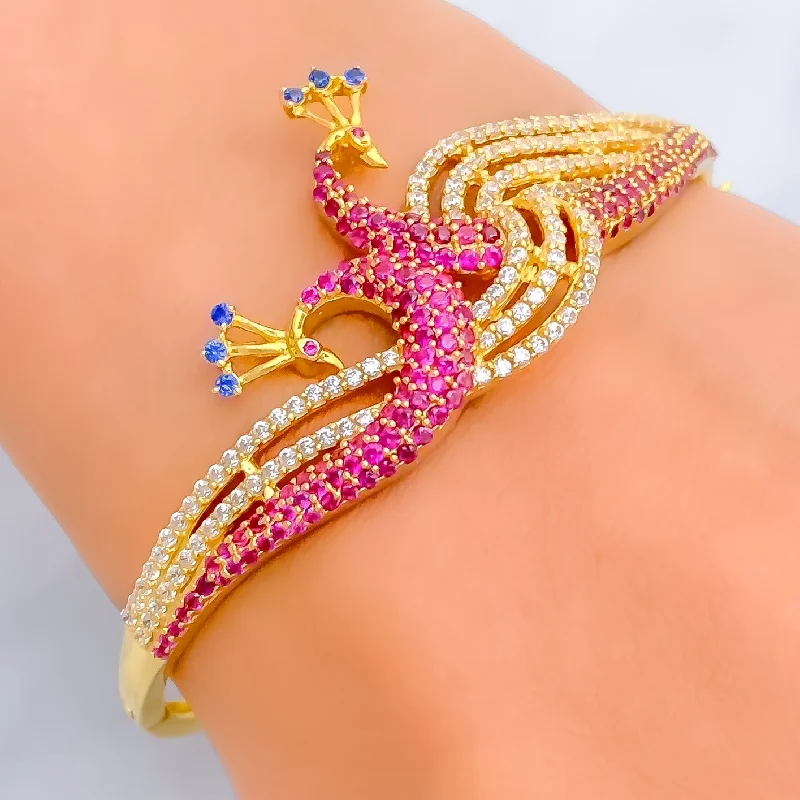 Women’s stackable gold bracelets-Regal Striped 22k Gold CZ Peacock Bangle Bracelet