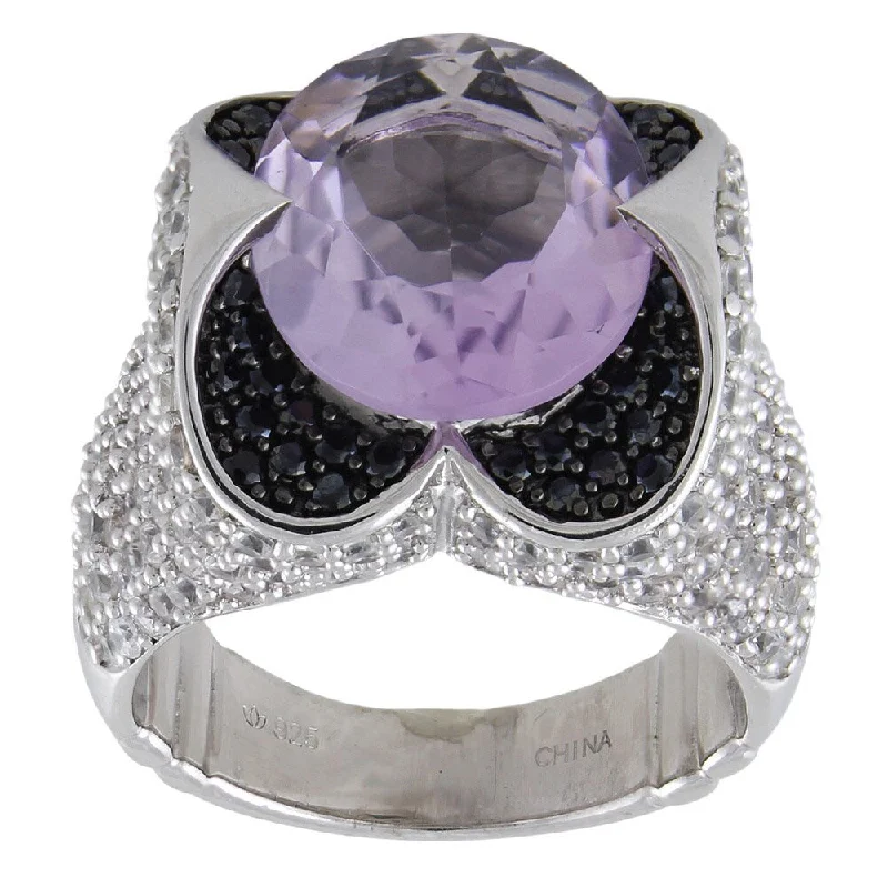 Women’s vintage-style rings-Sterling Silver 9.31ct Oval Pink Amethyst White Zircon and Black Spinel Ring