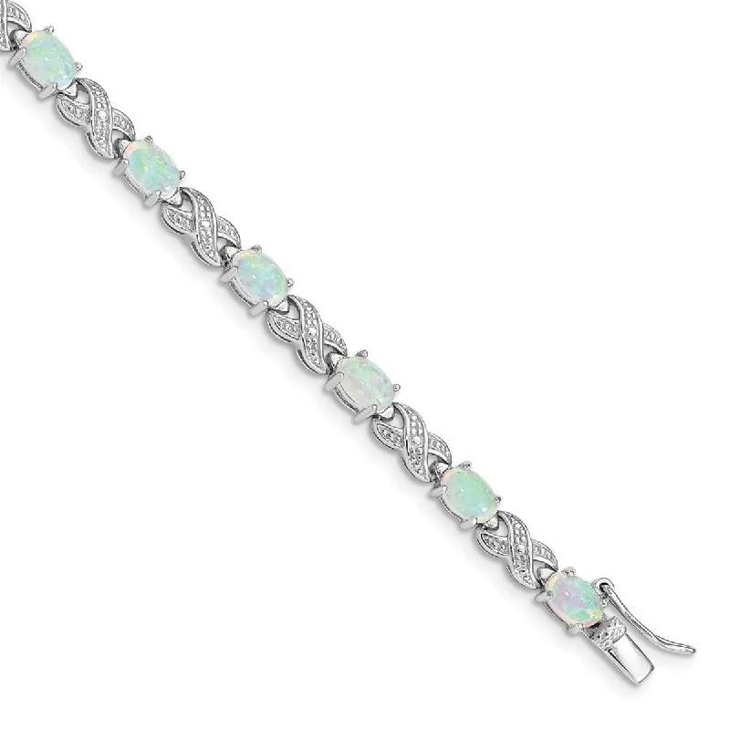 Women’s stacking bangle sets-Curata 925 Sterling Silver Polished Box Catch Closure Simulated Opal and Diamond Bracelet 7 Inch Box Clasp