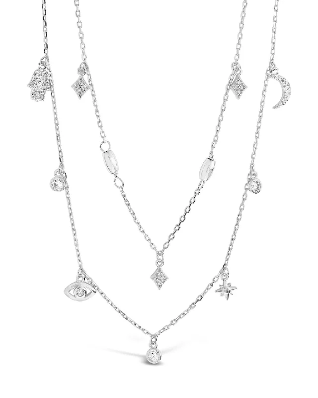 Women’s dainty necklaces-Sterling Silver CZ Evil Eye & Hamsa Layered Charm Necklace