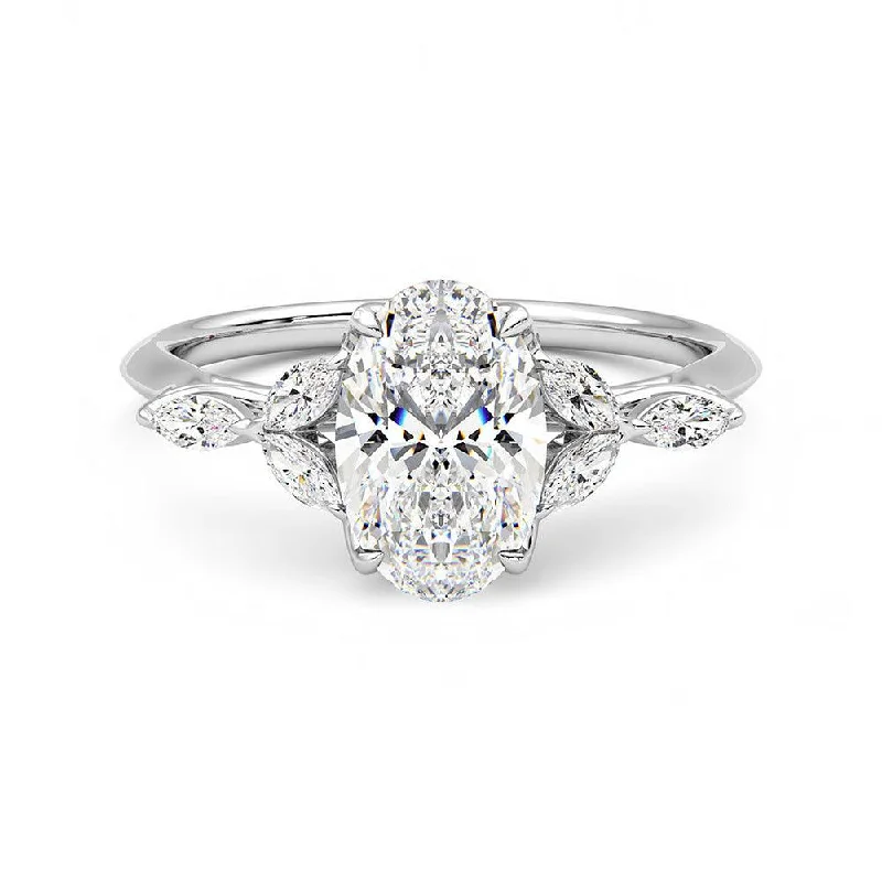 Women’s vintage engagement rings with diamonds-Oval Cut Moissanite Engagement Ring with Marquise Petals and Hidden Anniversary Stone Accent