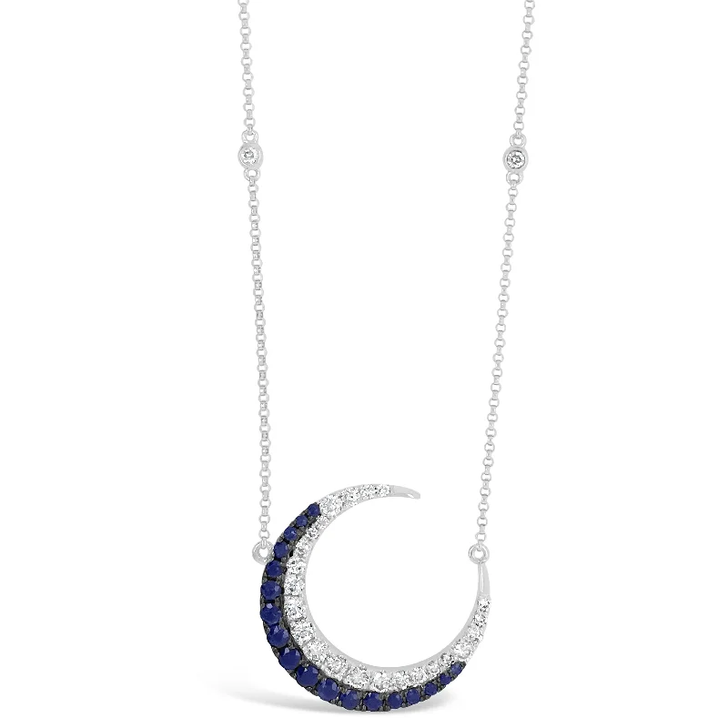 Women’s necklace with initials-Sapphire & Diamond Crescent Moon Pendant Necklace