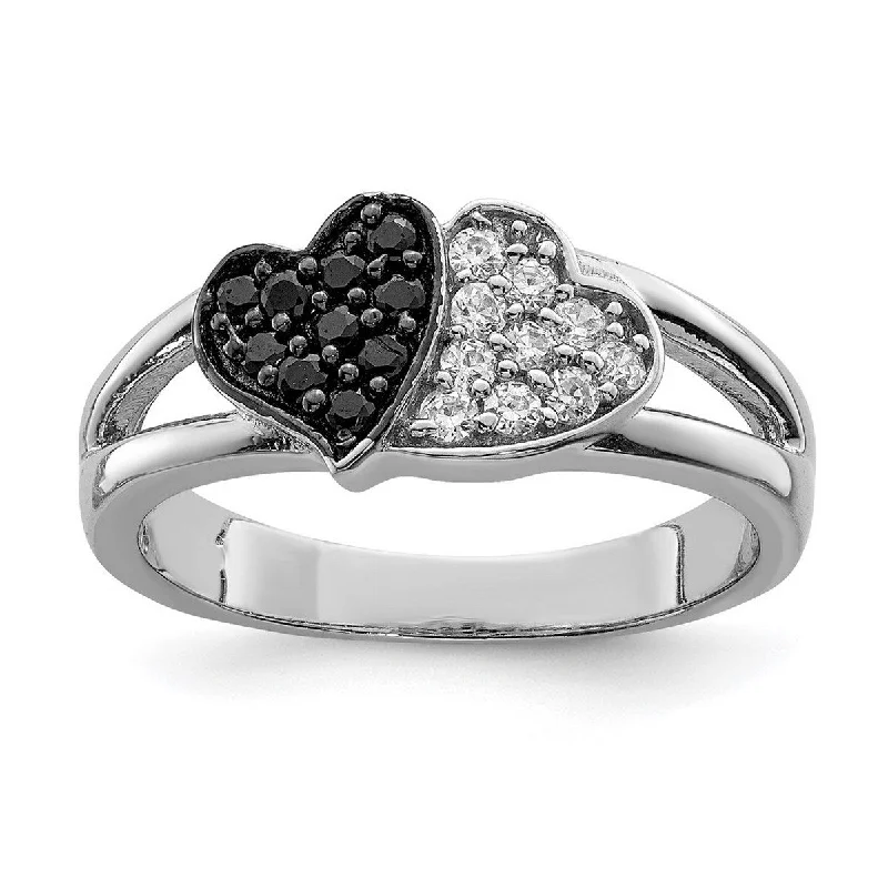 Curata 925 Sterling Silver Open back Rhodium Clear and Black CZ Cubic Zirconia Simulated Diamond Love Hearts Ring