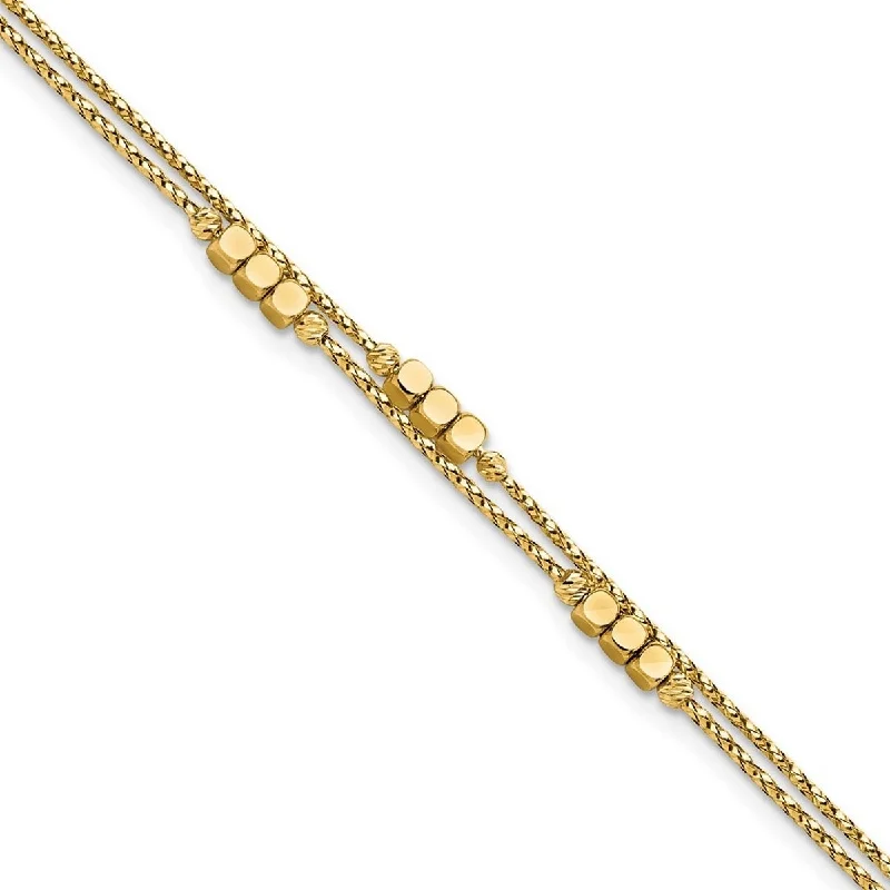 Women’s tennis bangles-Curata 14k Yellow Gold Polished Sparkle Cut Beaded Double Strand Bracelet 7.5 Inch