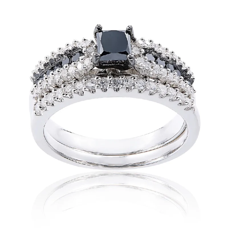 Miadora Sterling Silver 1ct TDW Black and White Diamond Ring Set