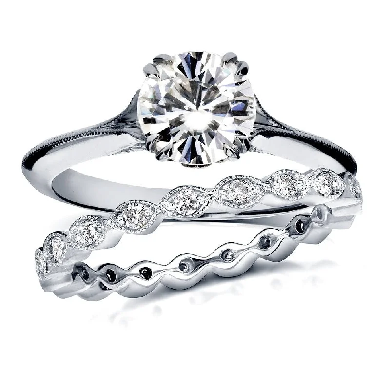 Women’s engraved rings-Annello by Kobelli 14k White Gold 1 2/5ct TGW Moissanite and Diamond (GH, I1-I2) Floral Vintage 2-Piece Bridal Rings Set