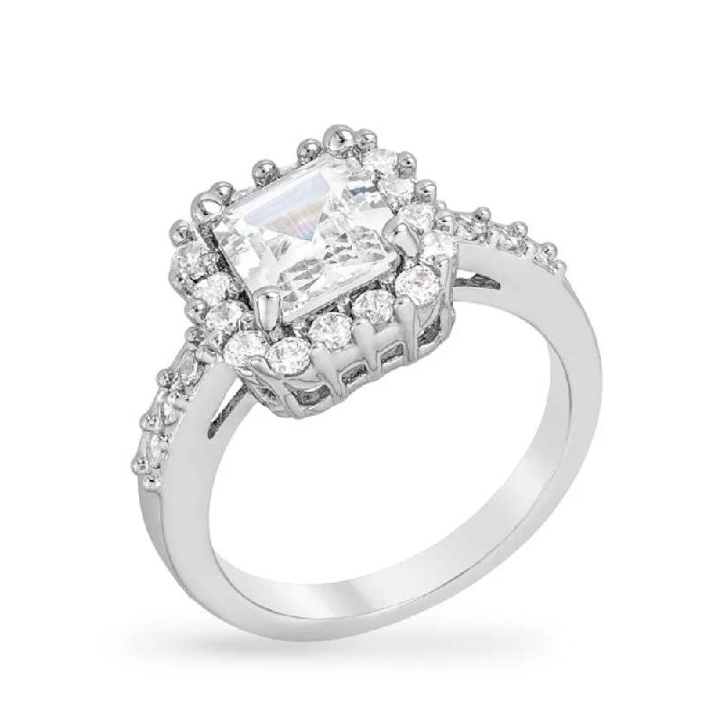 Women’s wedding set rings-Clear Pave Asscher Ring Rhodium Finish, Dazzling Round Stones