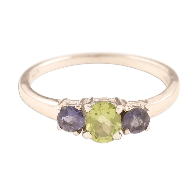 Women’s sterling silver rings-Blue Embrace' Iolite and Peridot 3-stone Ring