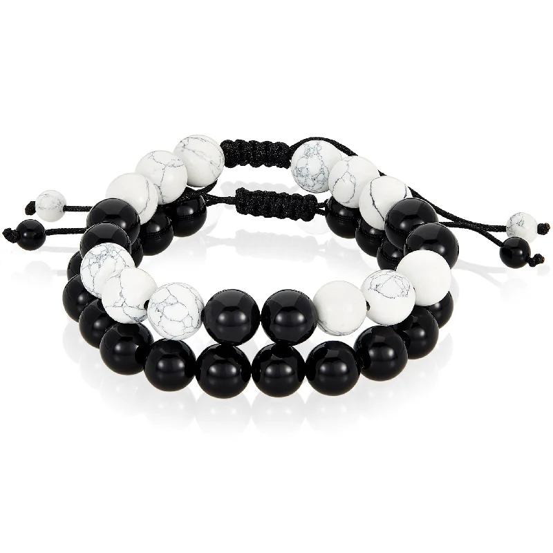 Women’s friendship bracelets-Men's Howlite and Onyx Stone Adjustable Bracelet Set