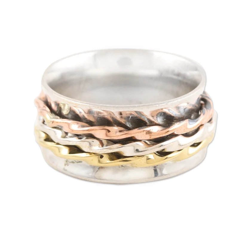 Women’s solitaire rings-Novica Handmade Twisted Spin Multi-Metal Meditation Spinner Ring