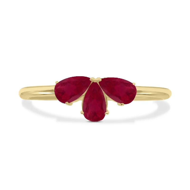 Women’s floral rings-Marquee Jewels Ruby Pear Shape Three Stone Ring in 10K Yellow Gold