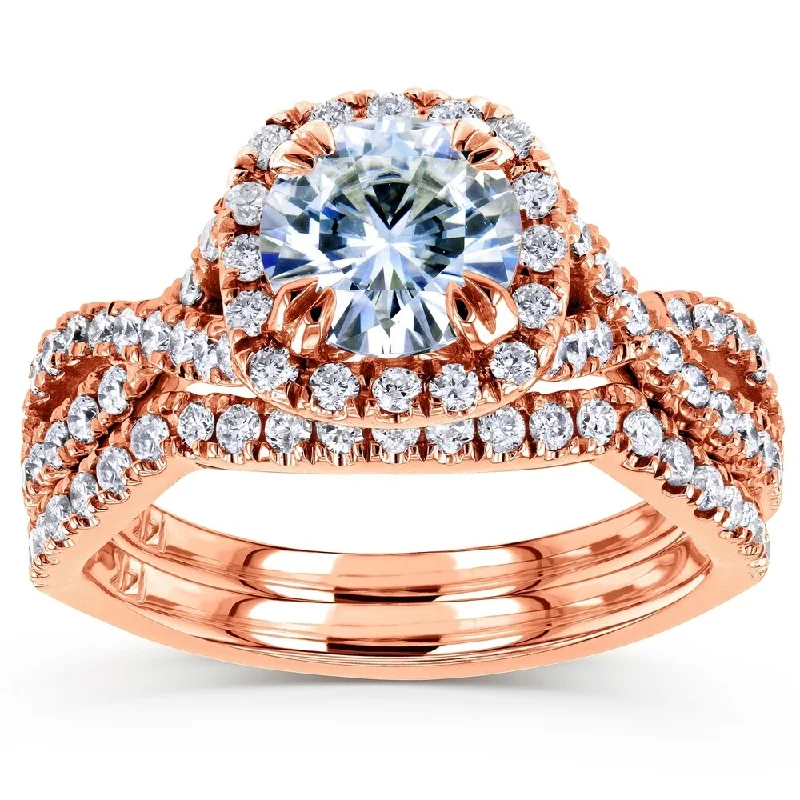 Women’s oval rings-Annello by Kobelli 14k Rose Gold 1 3/4ct TGW Moissanite and Diamond Crossover Bridal Rings Set