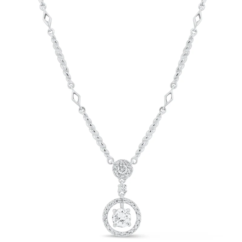 Women’s round pendant necklaces-Diamond Halo Necklace with Twist Links