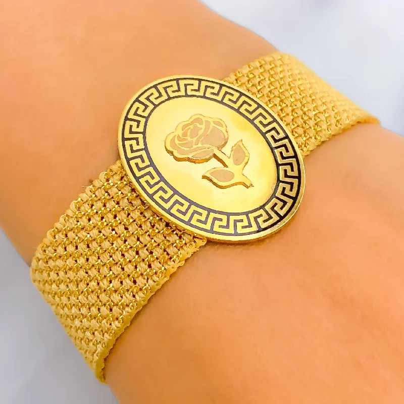 Women’s engraved bracelets-Palatial Oval Flower 21k Gold Bracelet