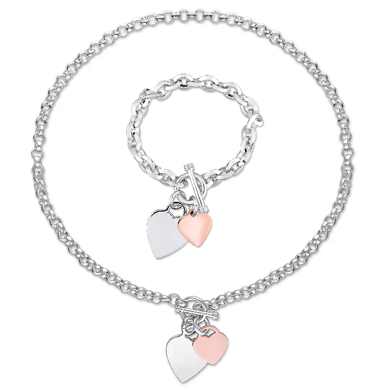 Women’s beaded bangles-Miadora 2-Tone White and Rose Plated Sterling Silver Heart Charm Necklace and Bracelet 2-Pc Set