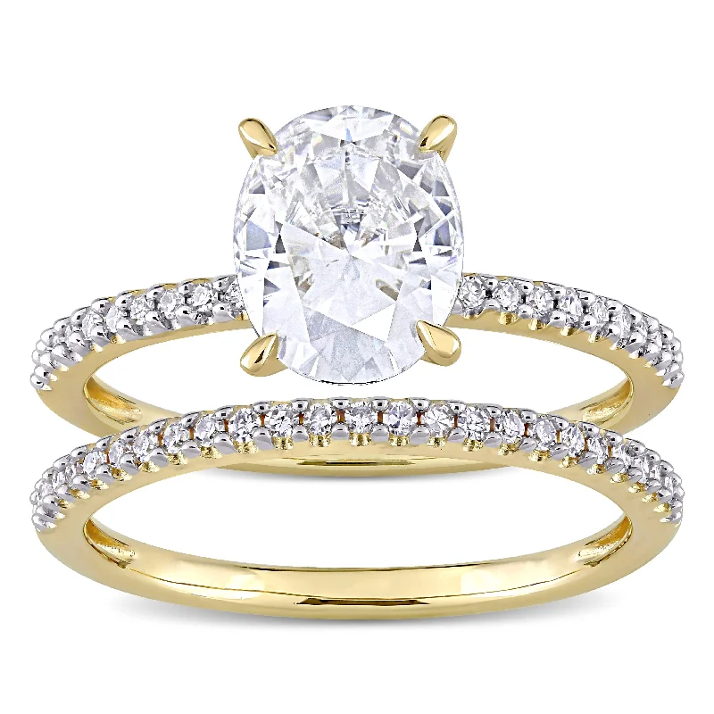 Women’s wedding set rings-Miadora 2ct DEW Oval-Cut Moissanite and 1/4ct TDW Diamond Bridal Ring Set in 14k Yellow Gold