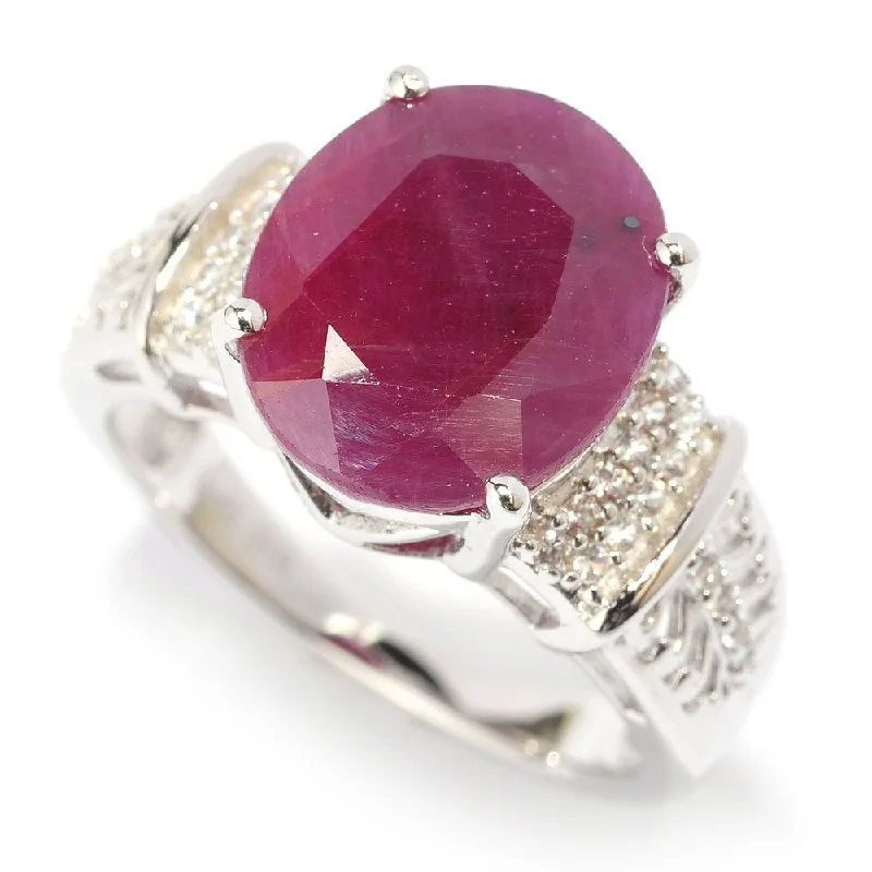 Women’s statement rings-Sterling Silver Oval Madurai Ruby and White Zircon Ring