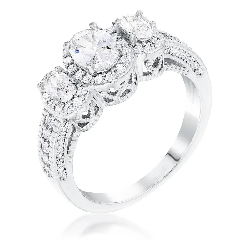 Women’s classic wedding rings-Rhodium Plated 3-Stone Oval Cut Cubic Zirconia Halo Ring