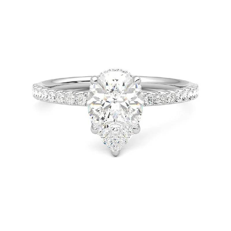 Women’s square engagement rings-Pear Shaped Moissanite Engagement Ring with Hidden Halo and Anniversary Stone Accent