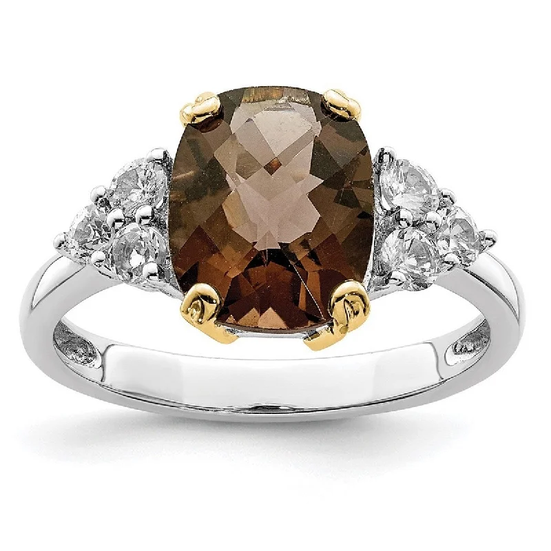 Curata 925 Sterling Silver Polished and 14K Smokey Quartz and White Topaz Ring Measures 3x8mm