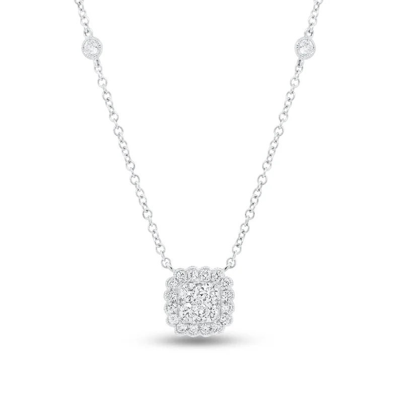 Women’s crystal necklaces-Diamond Cushion Cluster Pendant with Bezel-Set Diamond Stations