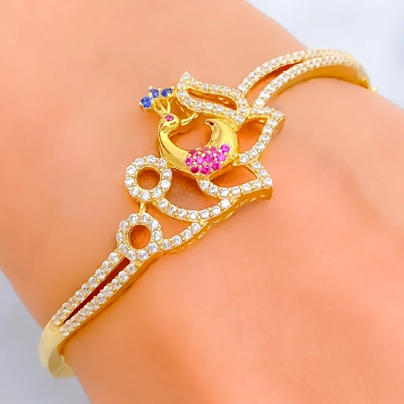 Women’s fashion crystal bangles-Magnificent Floral Peacock 22k Gold CZ Bangle Bracelet