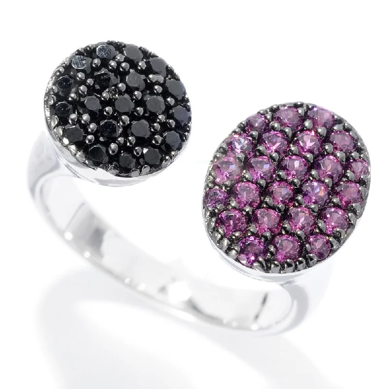 Women’s affordable engagement rings-Sterling Silver Rhodolite Black Spinel Bypass Ring - White