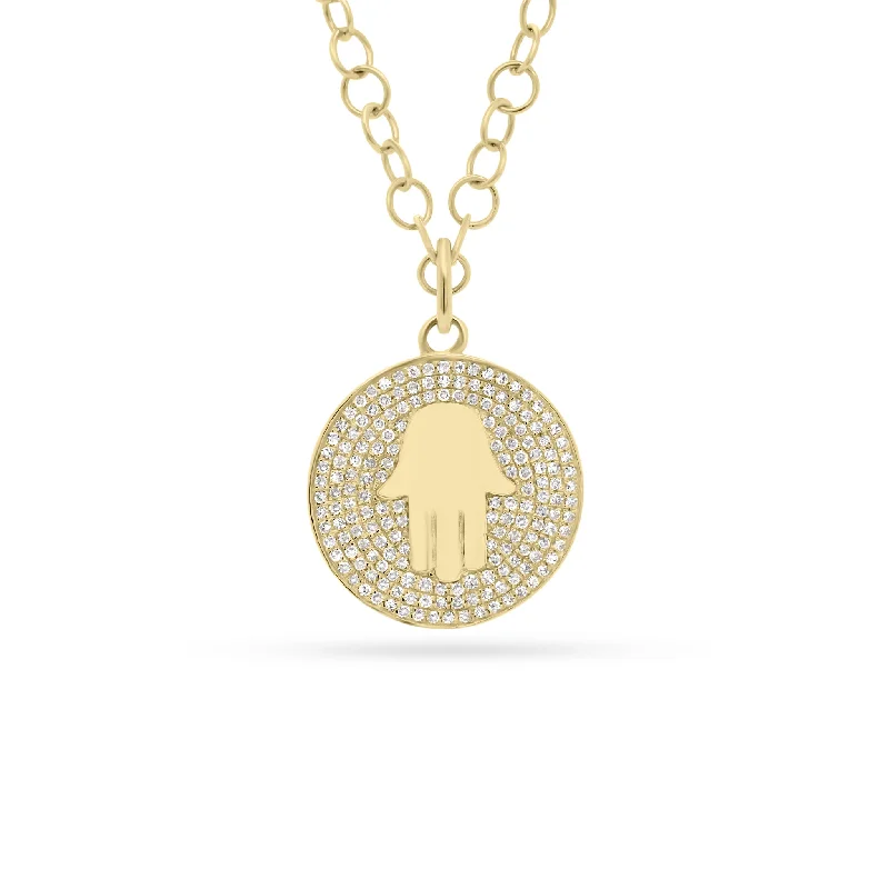 Women’s gold necklaces-Diamond Hamsa Disc Pendant