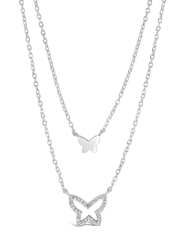 Women’s fine chain necklaces-Sterling Silver CZ & Butterfly Layered Necklace