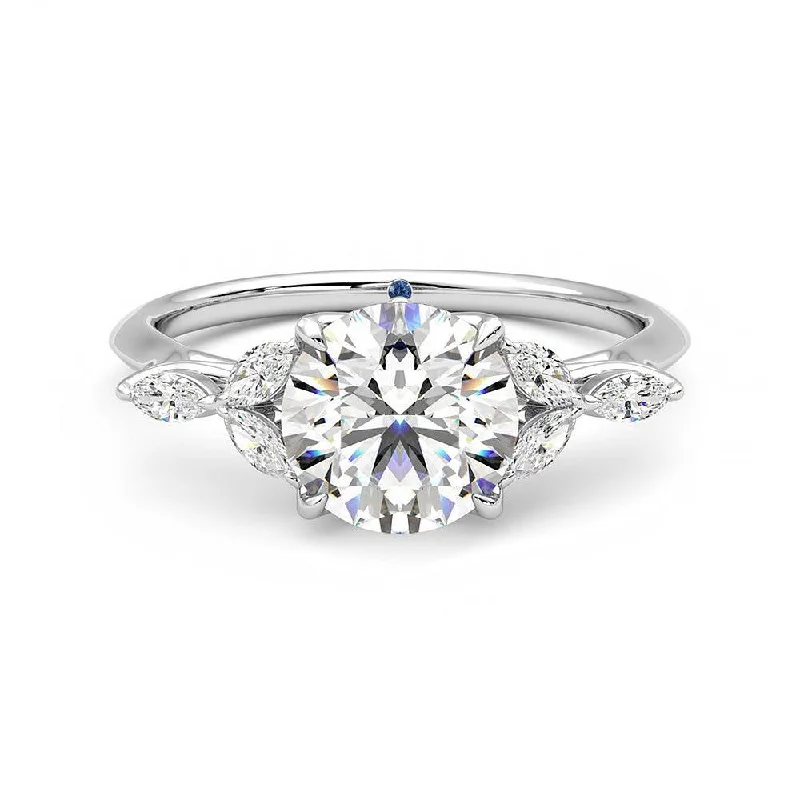 Women’s engagement rings with side stones-Round Moissanite Engagement Ring with Marquise Petals and Hidden Anniversary Stone Accent