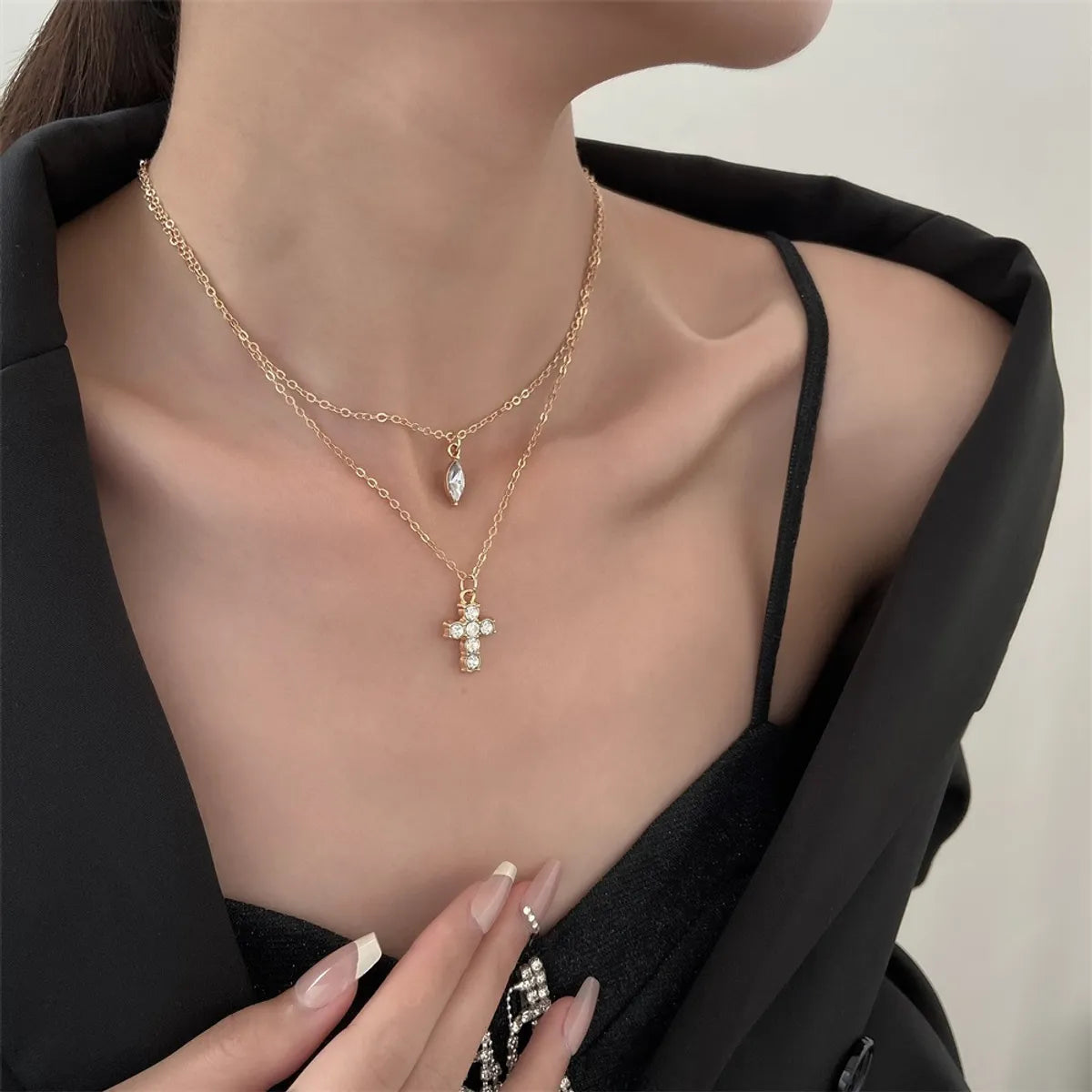 Women’s necklace with initials-Wholesale Jewelry Vintage Style Simple Style Cross Alloy Rhinestones 14k Gold Plated Layered Necklaces