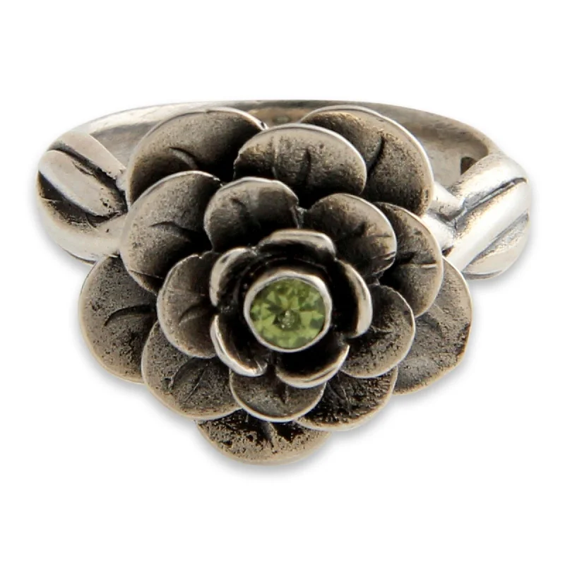 Women’s cubic zirconia rings-NOVICA Handmade Sterling Silver 'Holy Lotus' Peridot Flower Ring