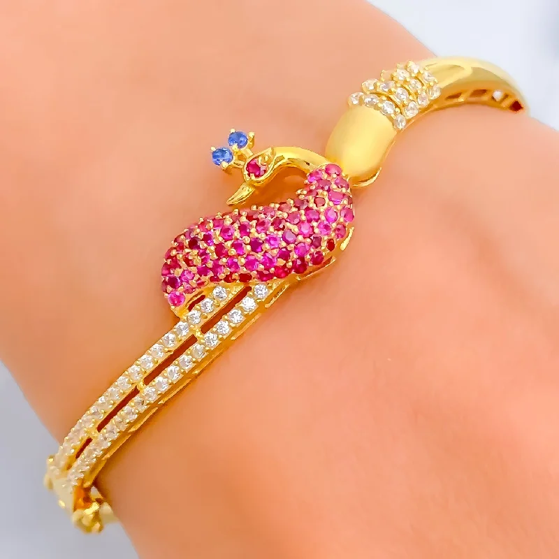 Women’s casual bracelets-Unique Upscale Peacock 22k Gold CZ Bangle Bracelet