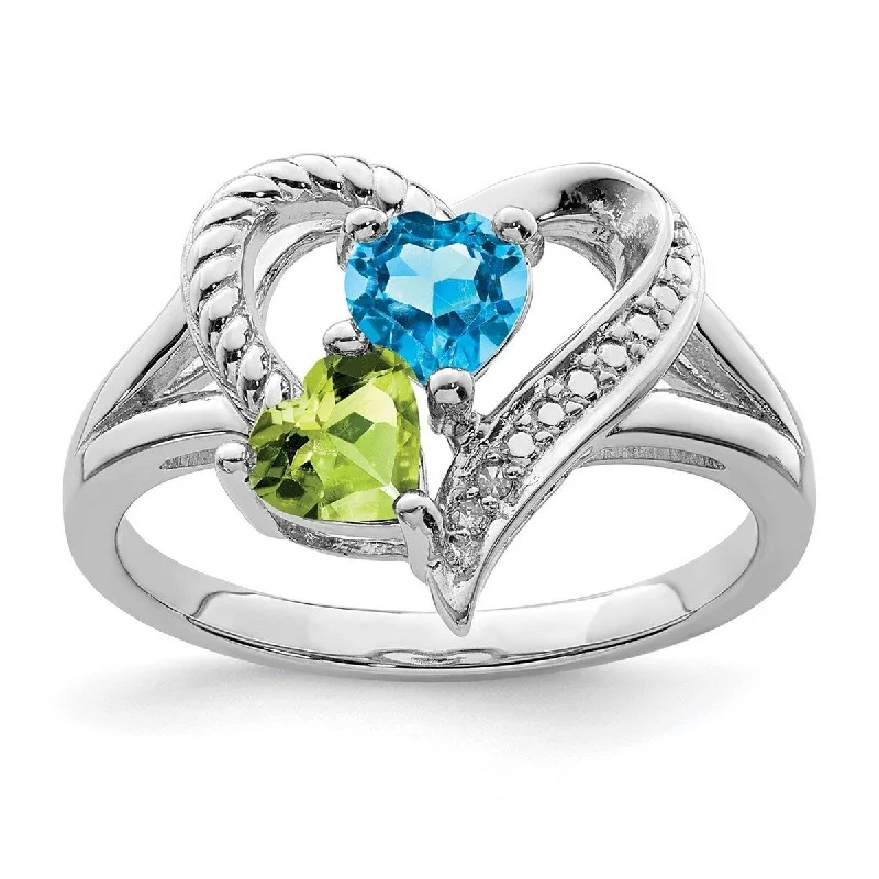 Curata 925 Sterling Silver Polished Open back Blue Topaz Peridot Diamond Ring