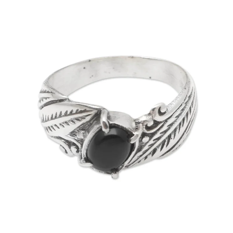 Women’s classic wedding rings-Novica Handmade Frangipani Leaves Onyx Single Stone Ring