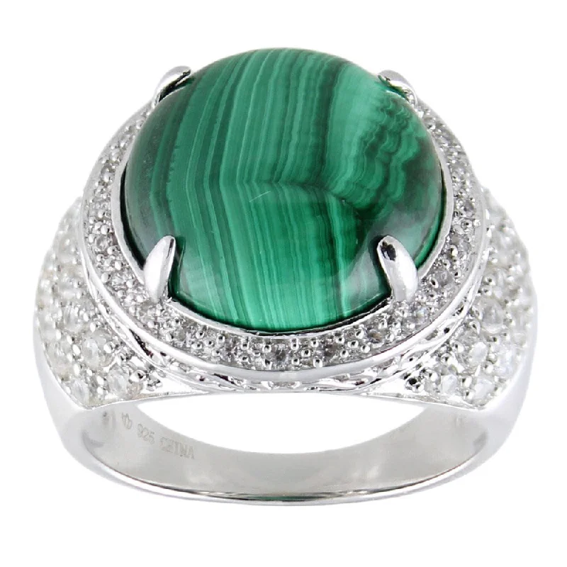 Women’s statement gemstone rings-Sterling Silver Green Malachite and White Zircon Halo Ring