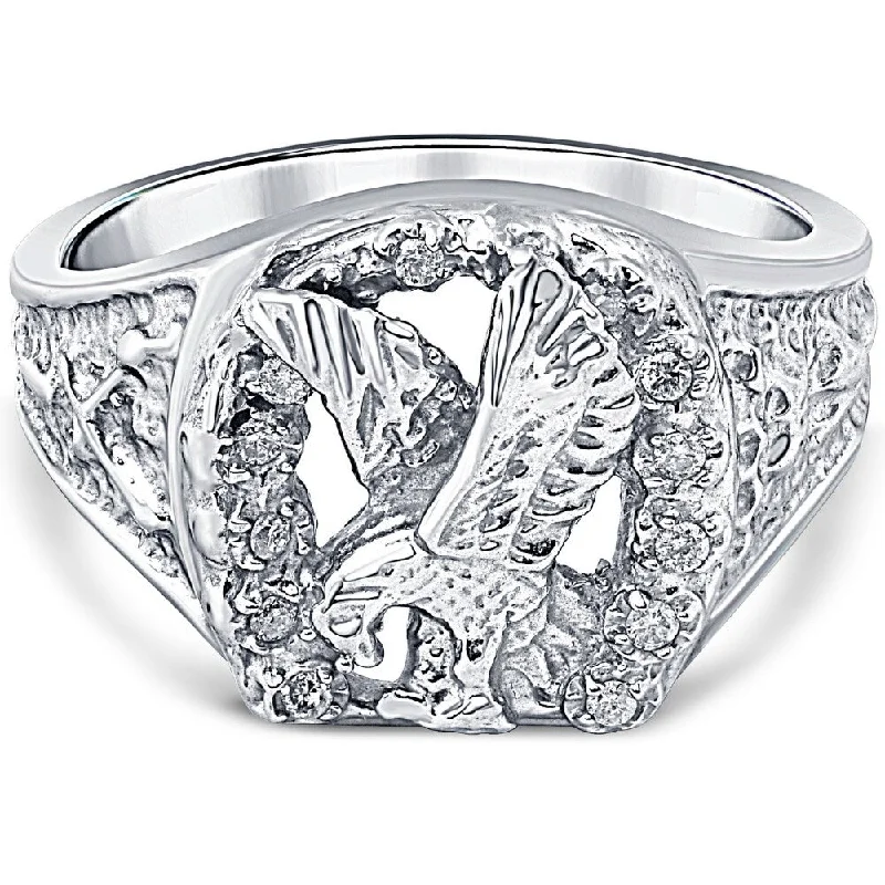 Women’s diamond anniversary rings-Mens Diamond American Eagle Ring 10K White Gold