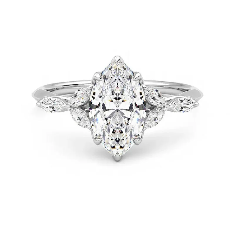 Women’s custom engagement rings-Marquise Cut Moissanite Engagement Ring with Petals and Hidden Anniversary Stone Accent