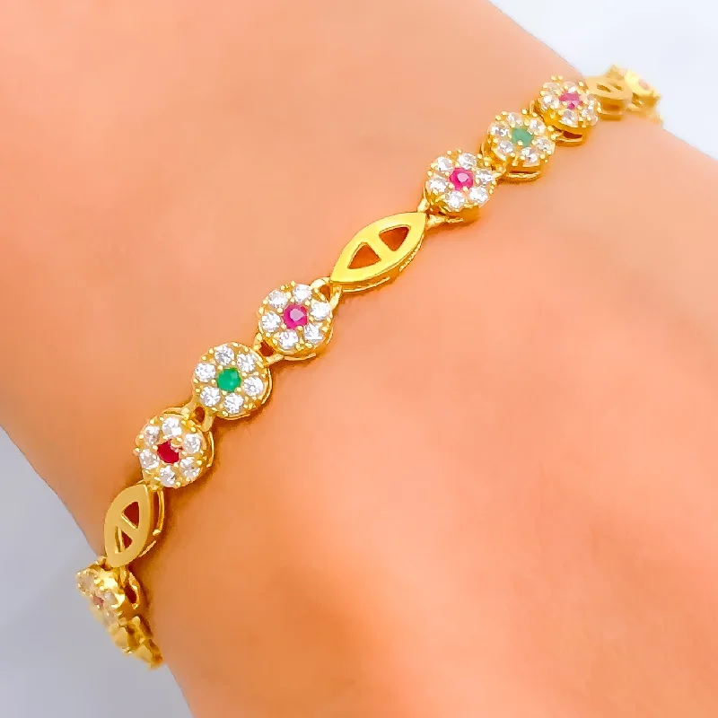 Women’s gold bracelets-Beautiful Floral Trio 22k Gold CZ Bracelet